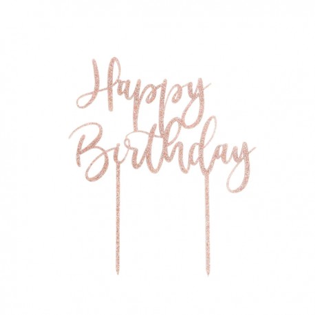 TOPPER "HAPPY BIRTHDAY" ACRILICO ROSE GOLD GLITTER 15cm