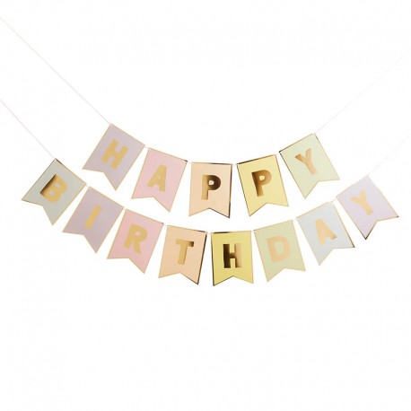 BANNER "HAPPY BIRTHDAY" BANDIERINA COLORI PASTELLO/ORO